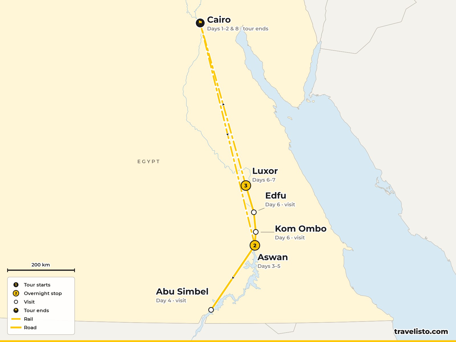 Map of the 8-day route from Cairo to Aswan, along the Nile by felucca and to Luxor