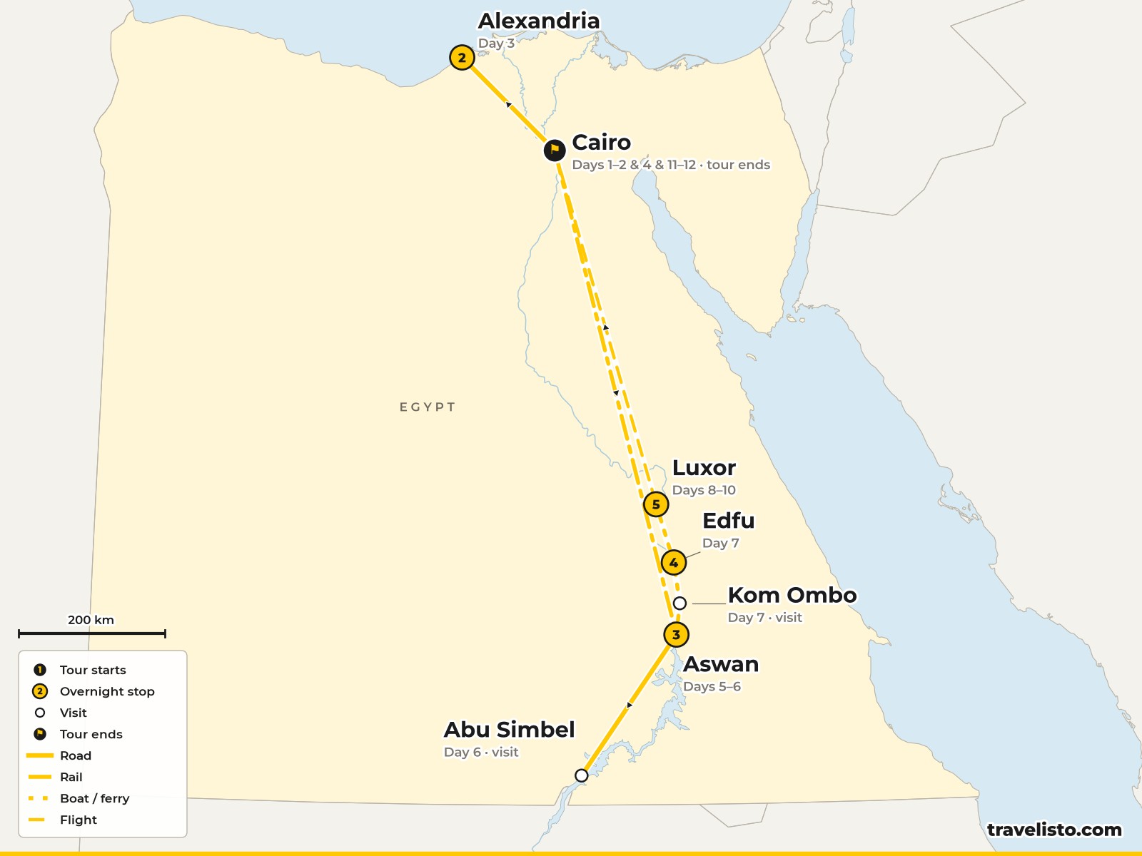 Map of the 12-day route from Cairo to Alexandria, Aswan, the Nile and Luxor