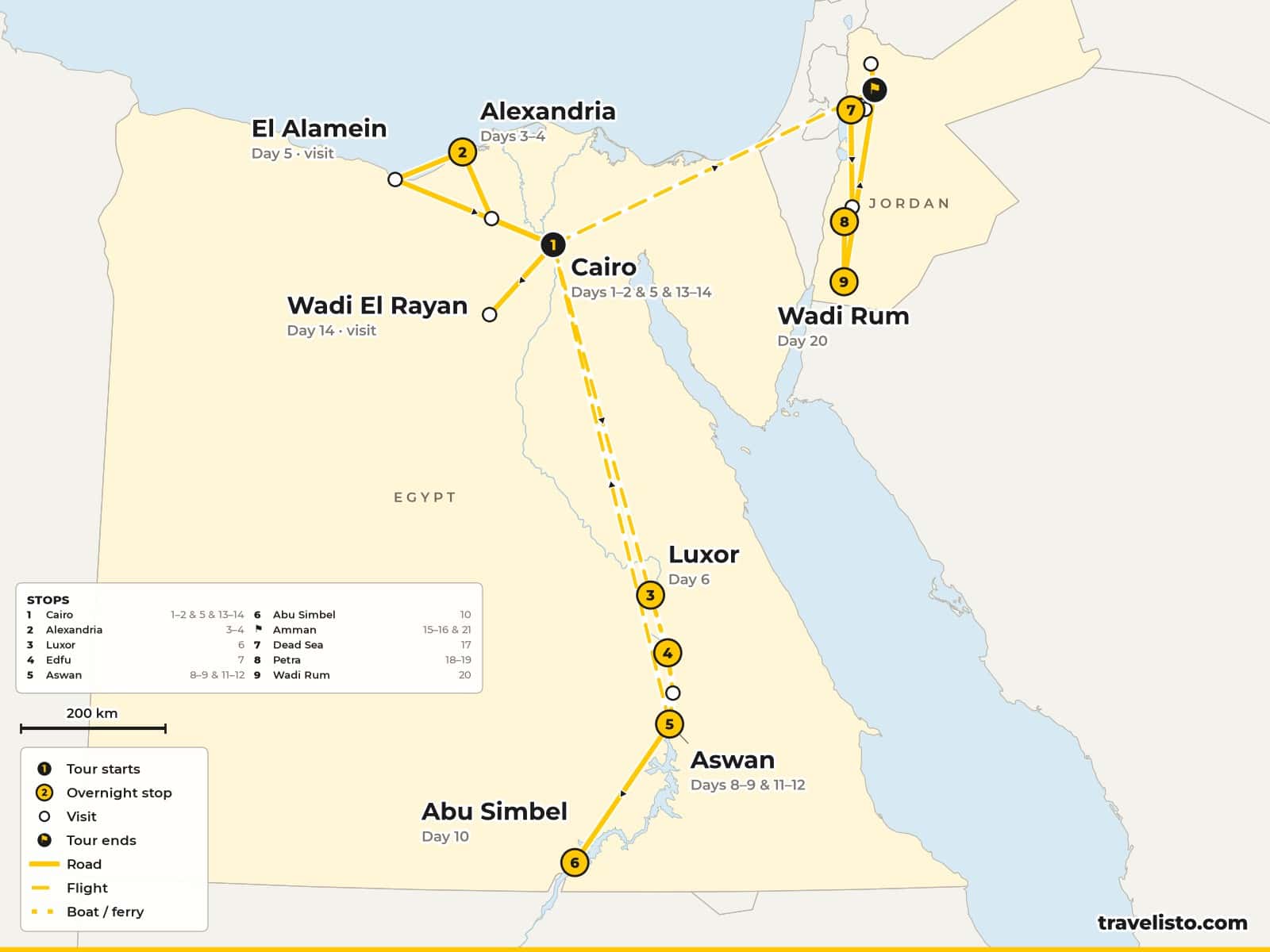 Map of the 22-day tour from Cairo to Alexandria, by Nile riverboat from Luxor to Aswan and Abu Simbel, then Jordan from Amman to Petra and Wadi Rum