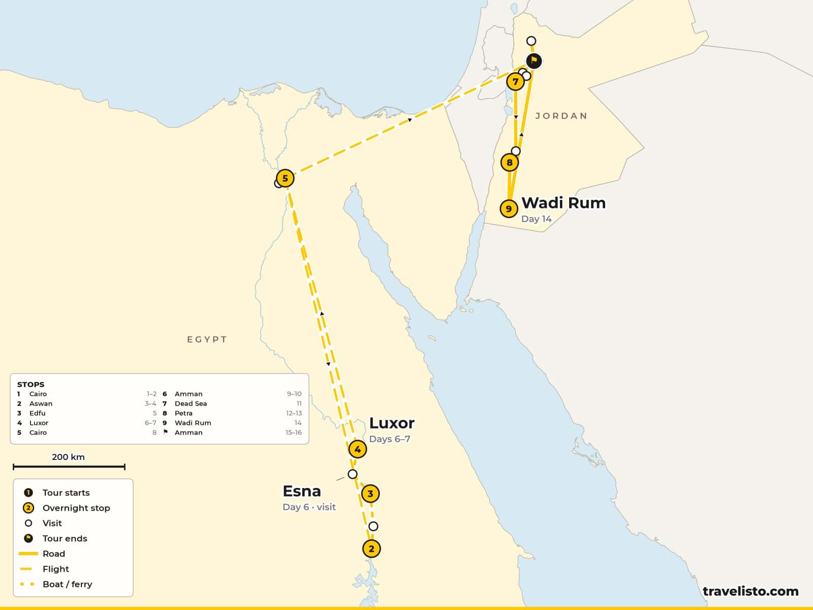 Map of the 16-day tour from Cairo by air to Aswan, by riverboat to Luxor, back to Cairo, then Amman, Jerash, the Dead Sea, Petra and Wadi Rum
