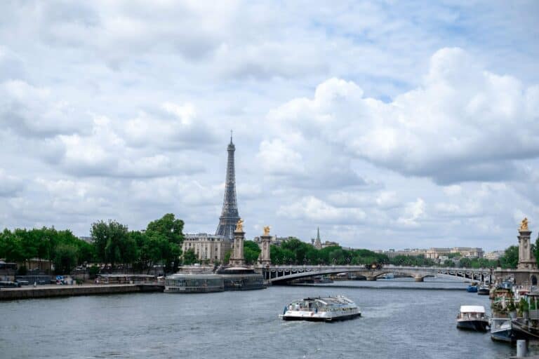 The Eiffel Tower above the River Seine in Paris, France