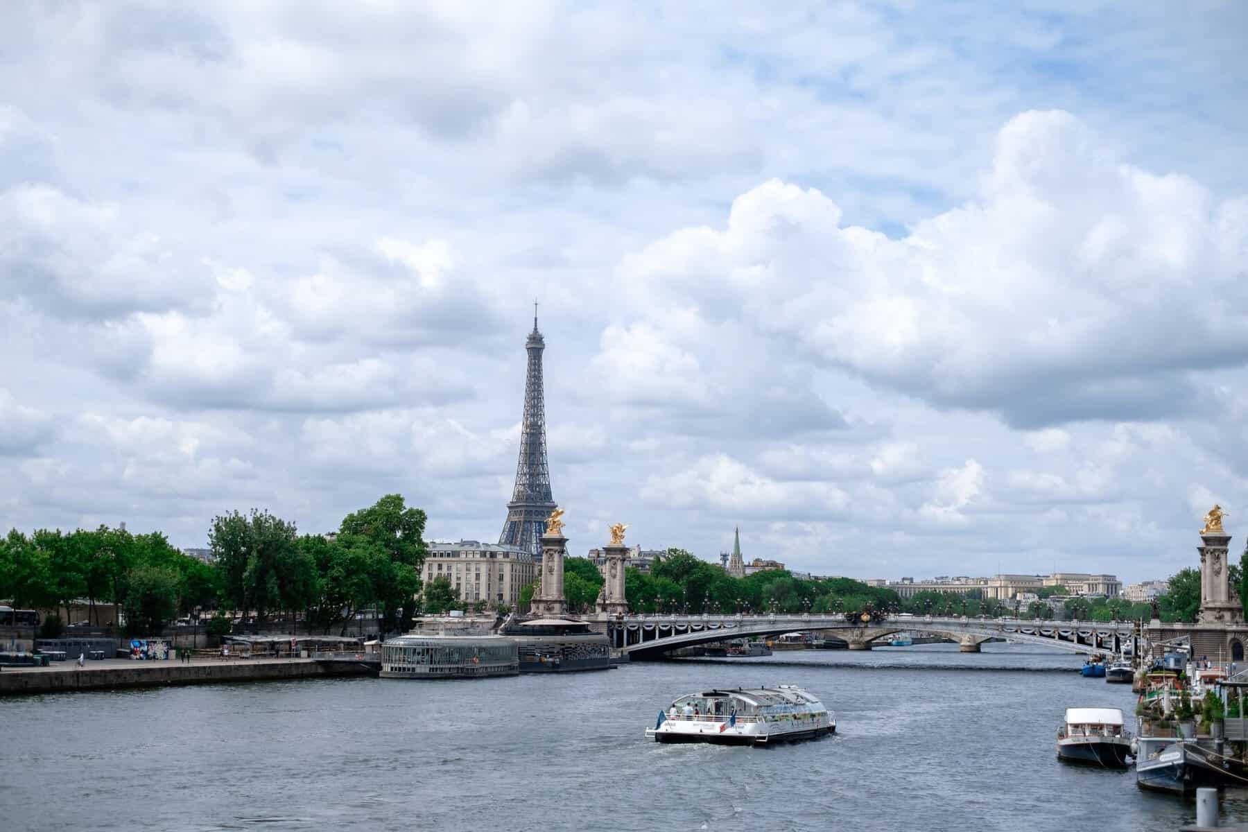 The Eiffel Tower above the River Seine in Paris, France