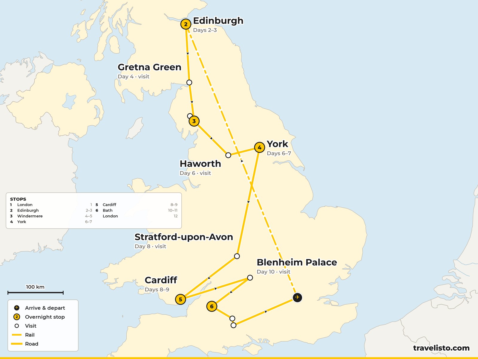 Map of the 12-day route from London to Edinburgh, Windermere, York, Cardiff, Bath and back