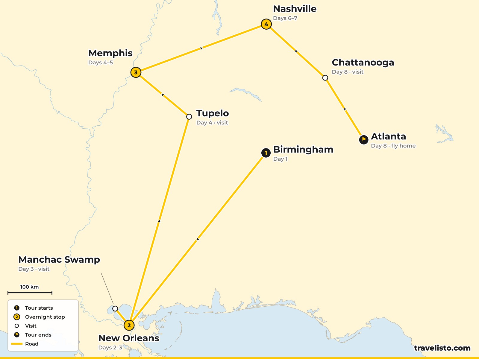 Map of the 9-day route from Atlanta to New Orleans, Memphis, Nashville and back