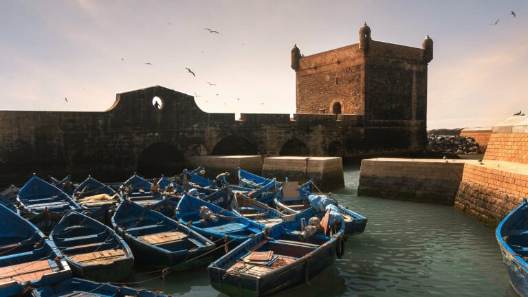 Blue fishing boats in Essaouira harbour