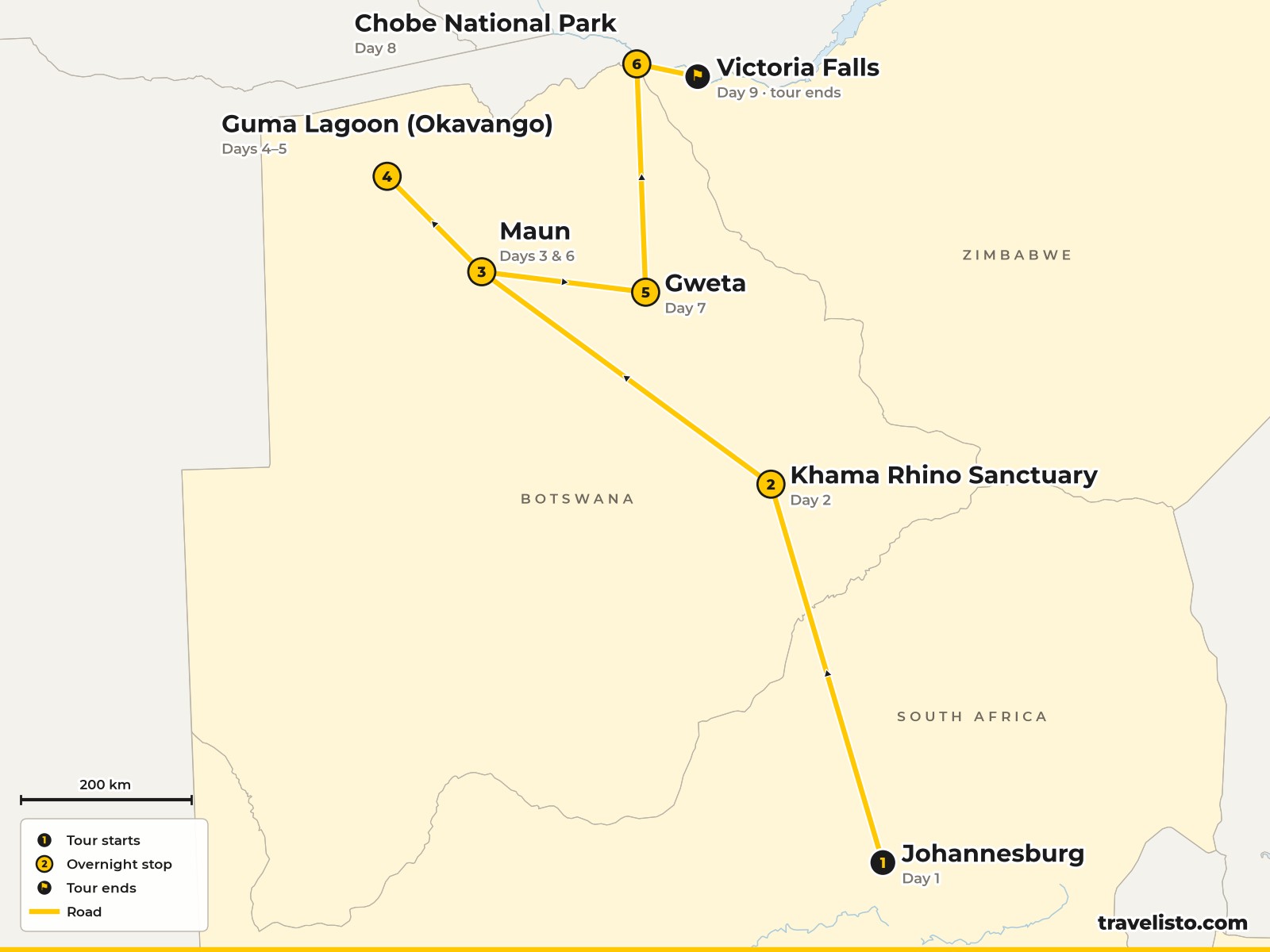 Map of the 9-day route from Johannesburg to Khama, Maun, the Okavango Delta, Gweta, Chobe and Victoria Falls