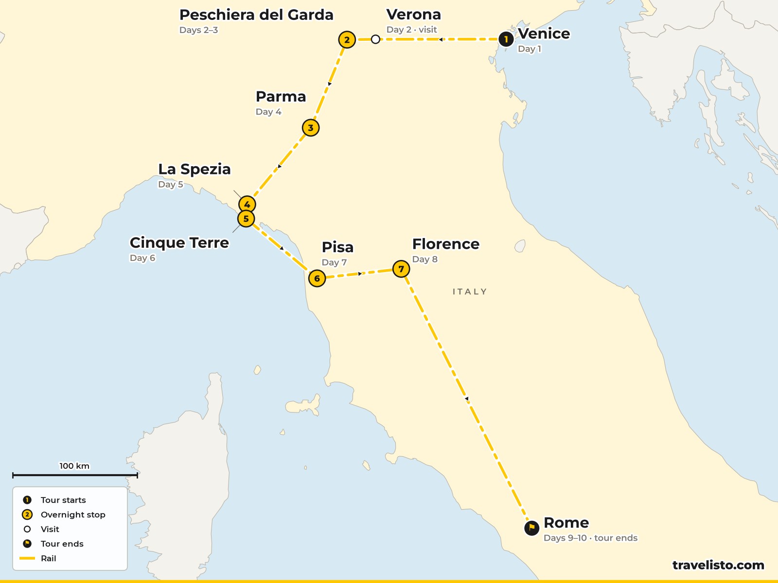 Map of the 10-day route from Venice to Verona, Lake Garda, Parma, the Cinque Terre, Florence and Rome