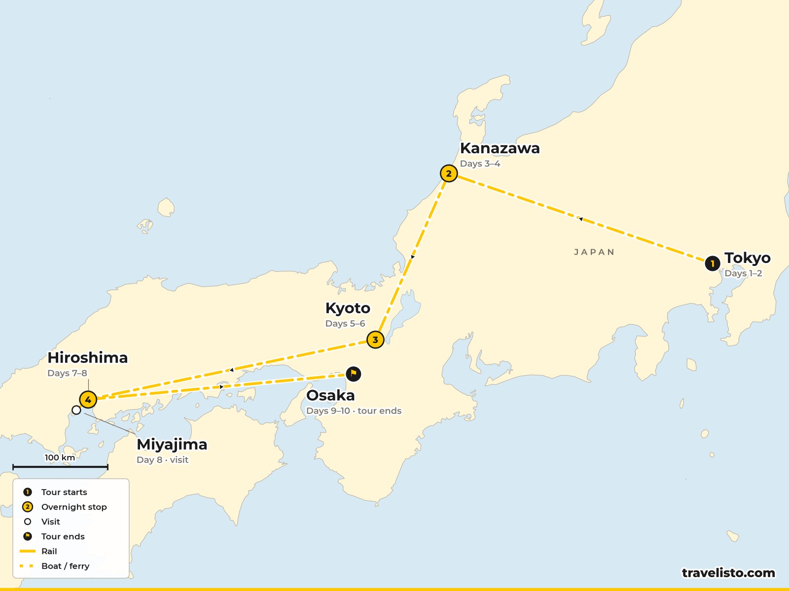 Map of the 10-day route from Tokyo to Kanazawa, Kyoto, Hiroshima and Osaka