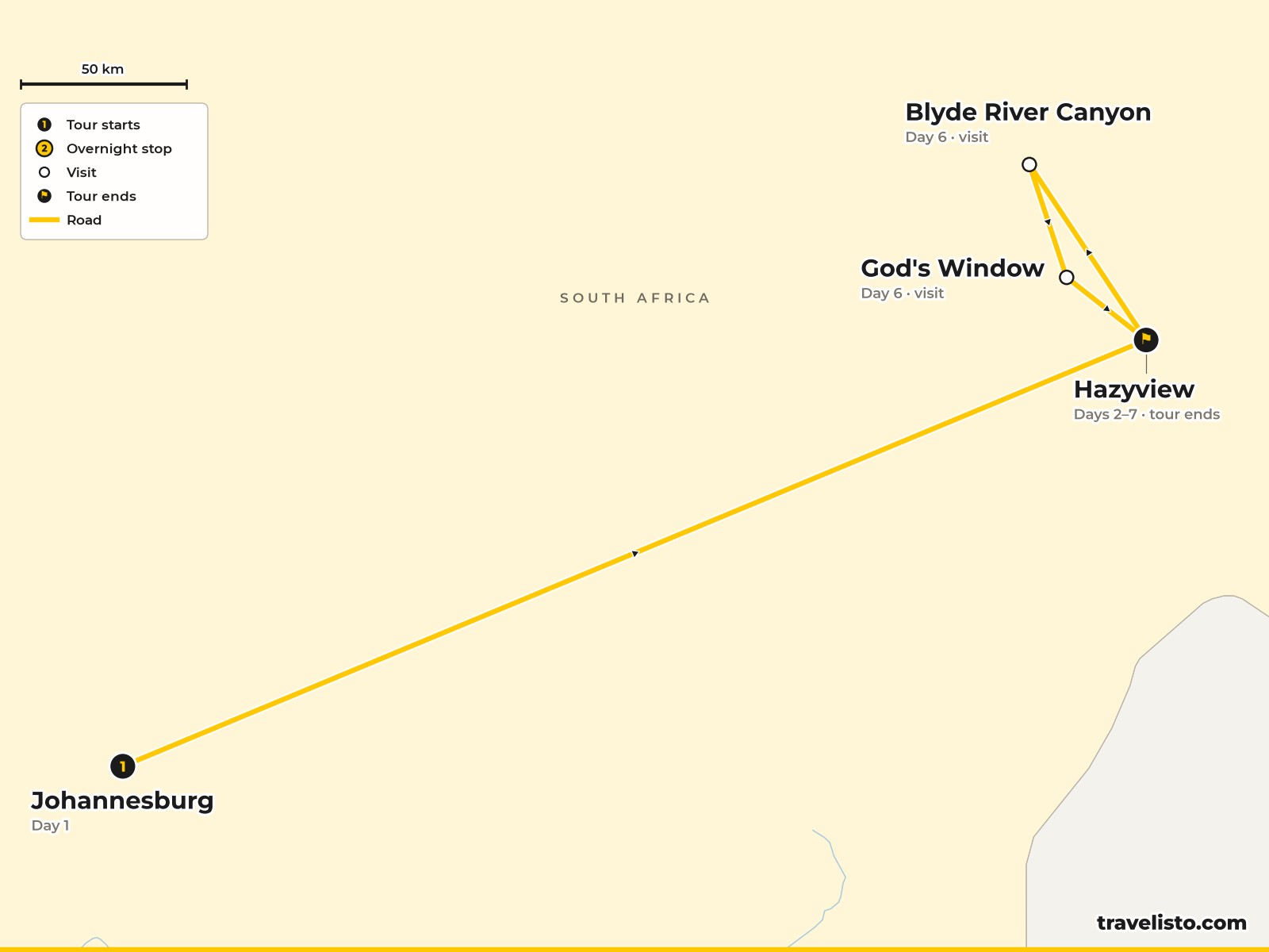 Map of the 7-day safari from Johannesburg to Hazyview, Kruger and the Panorama Route
