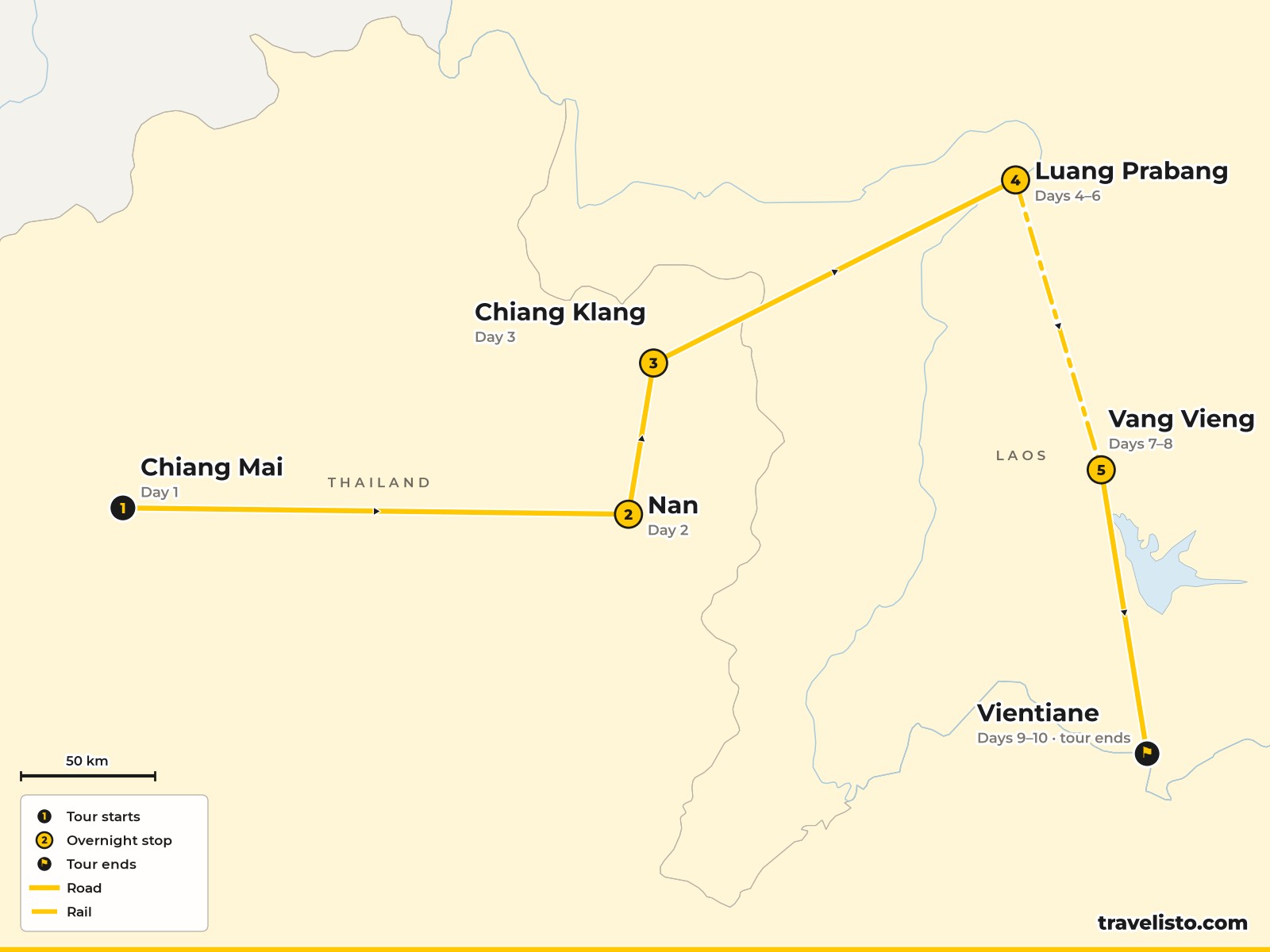 Map of the 10-day route from Chiang Mai to Nan, Luang Prabang, Vang Vieng and Vientiane