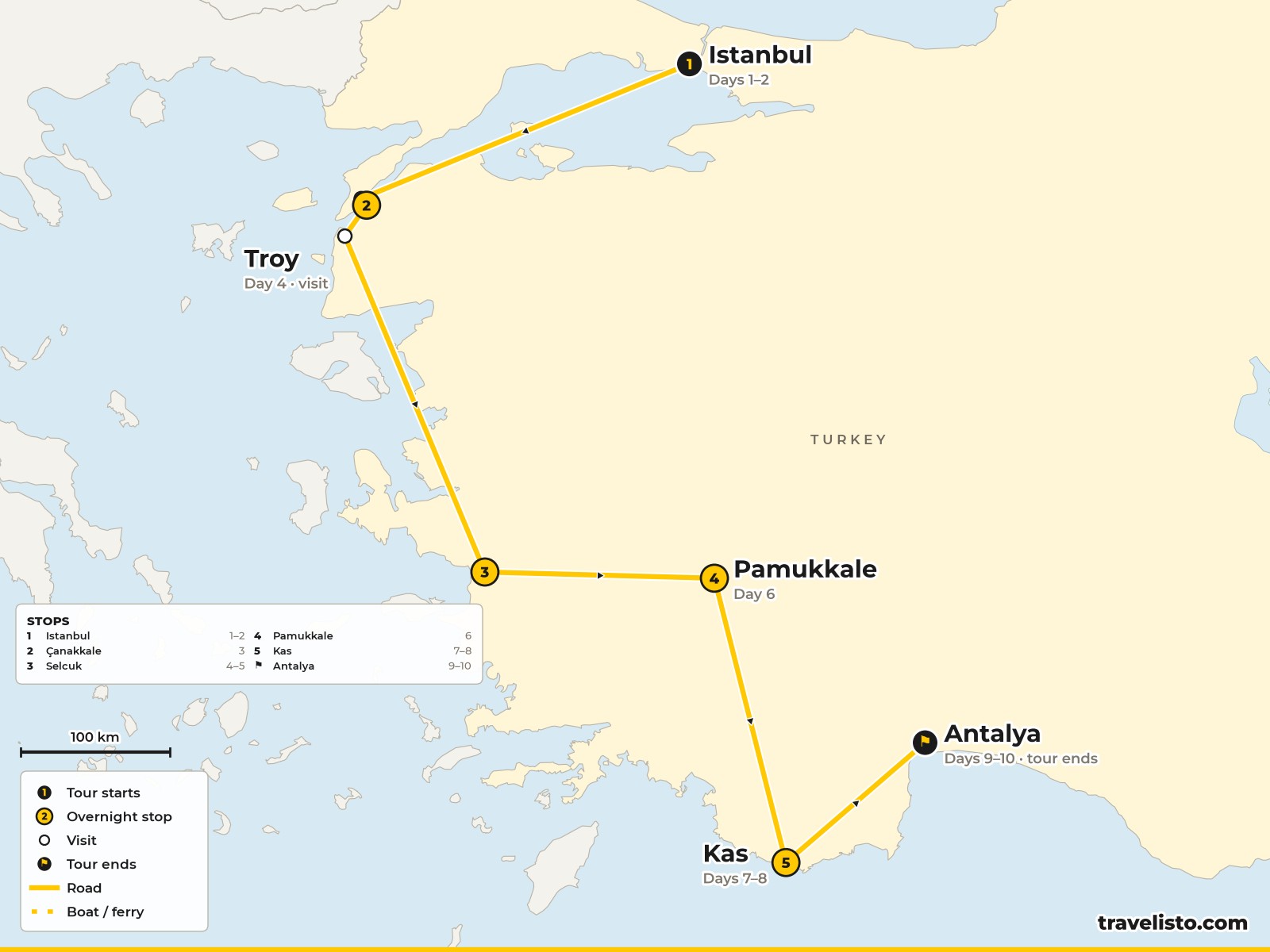 Map of the 10-day route from Istanbul to Gallipoli, Selcuk, Pamukkale, Kas and Antalya