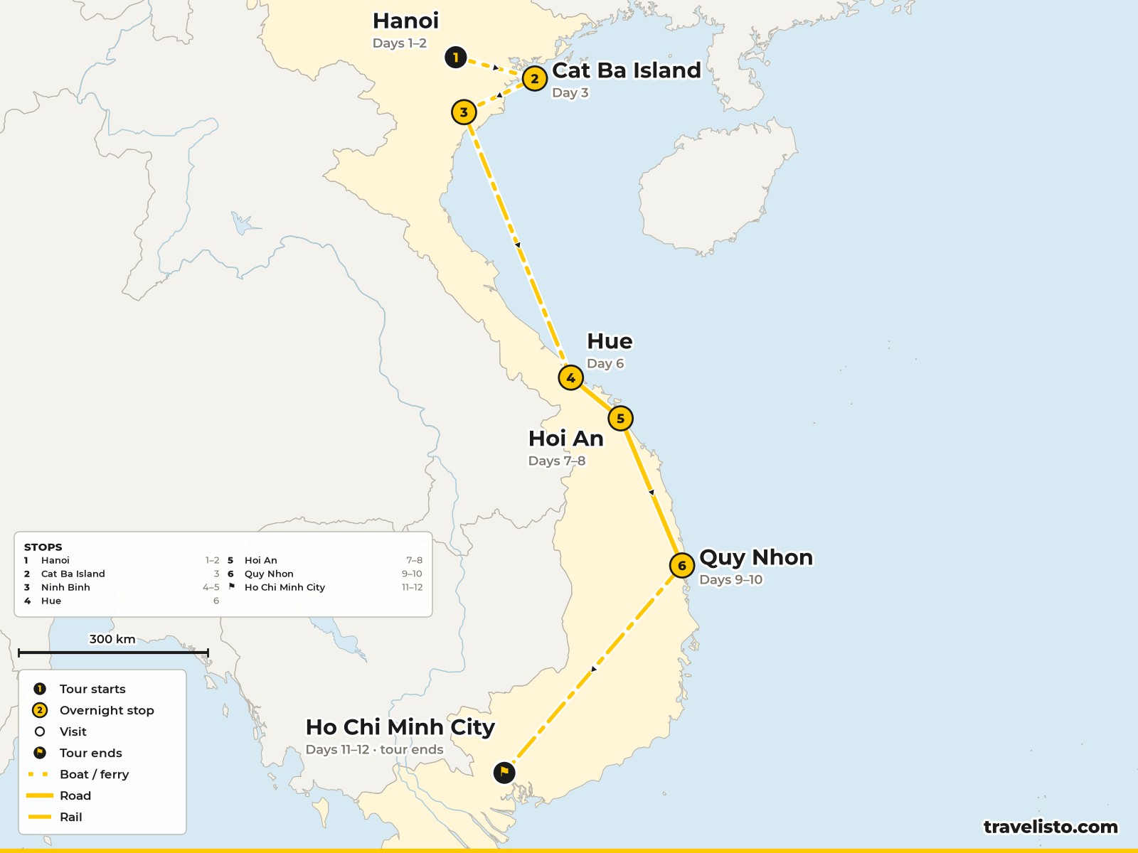 Map of the 12-day route from Hanoi to Cat Ba, Ninh Binh, Hue, Hoi An, Quy Nhon and Ho Chi Minh City