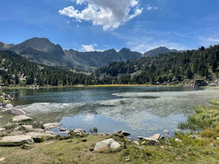 Estany Primer lake among pine trees and peaks in the Andorran Pyrenees