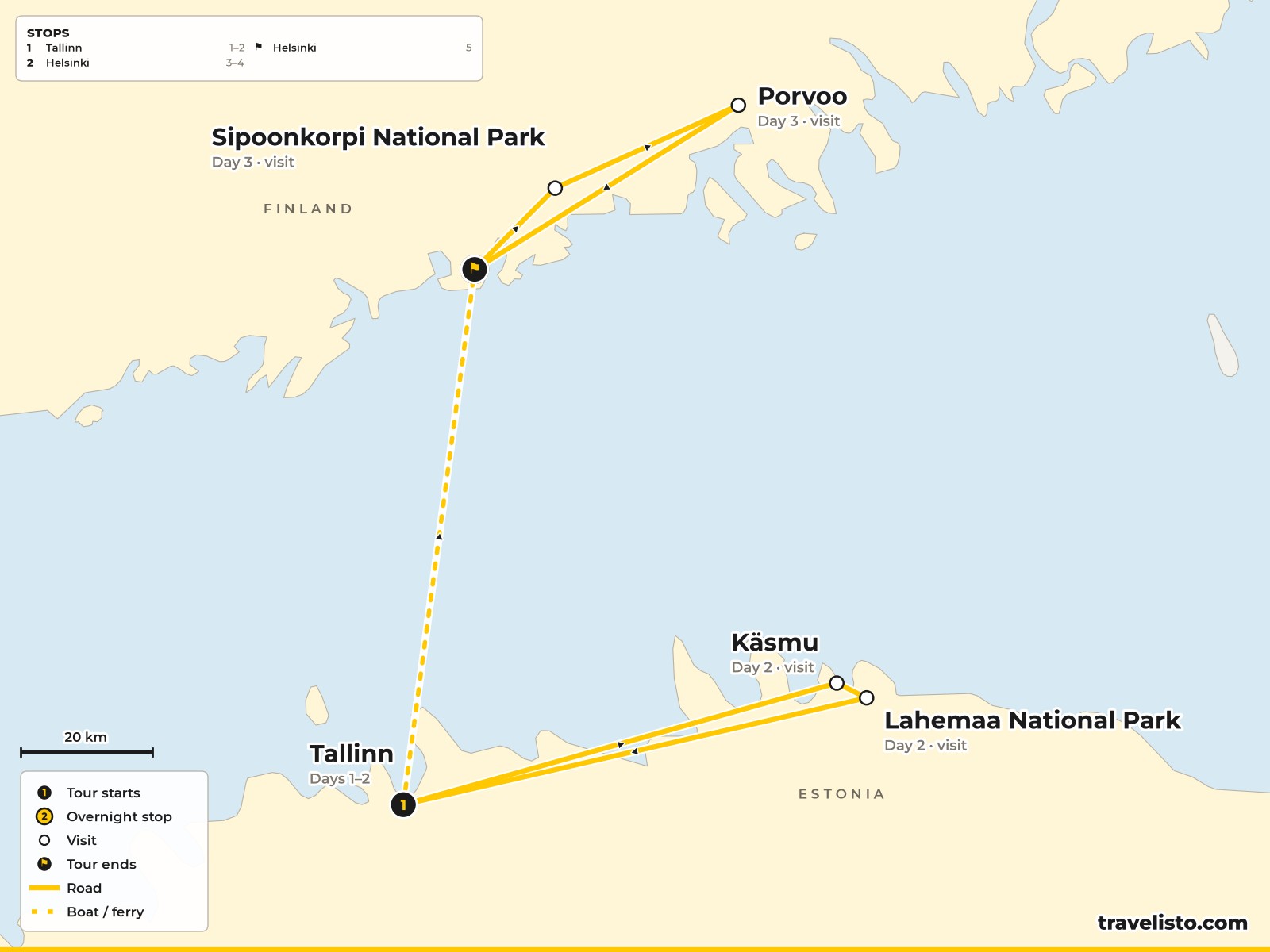 Map of the 5-day route from Tallinn and Lahemaa across the Gulf of Finland to Porvoo and Helsinki