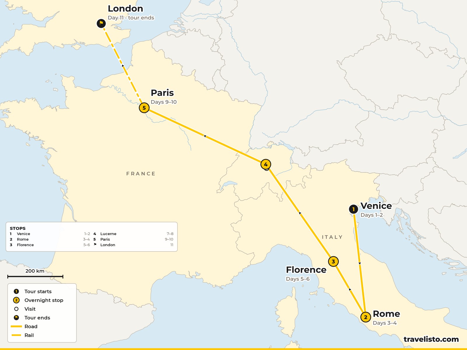 Map of the 11-day route from Venice to Rome, Florence, Lucerne and Paris, ending in London