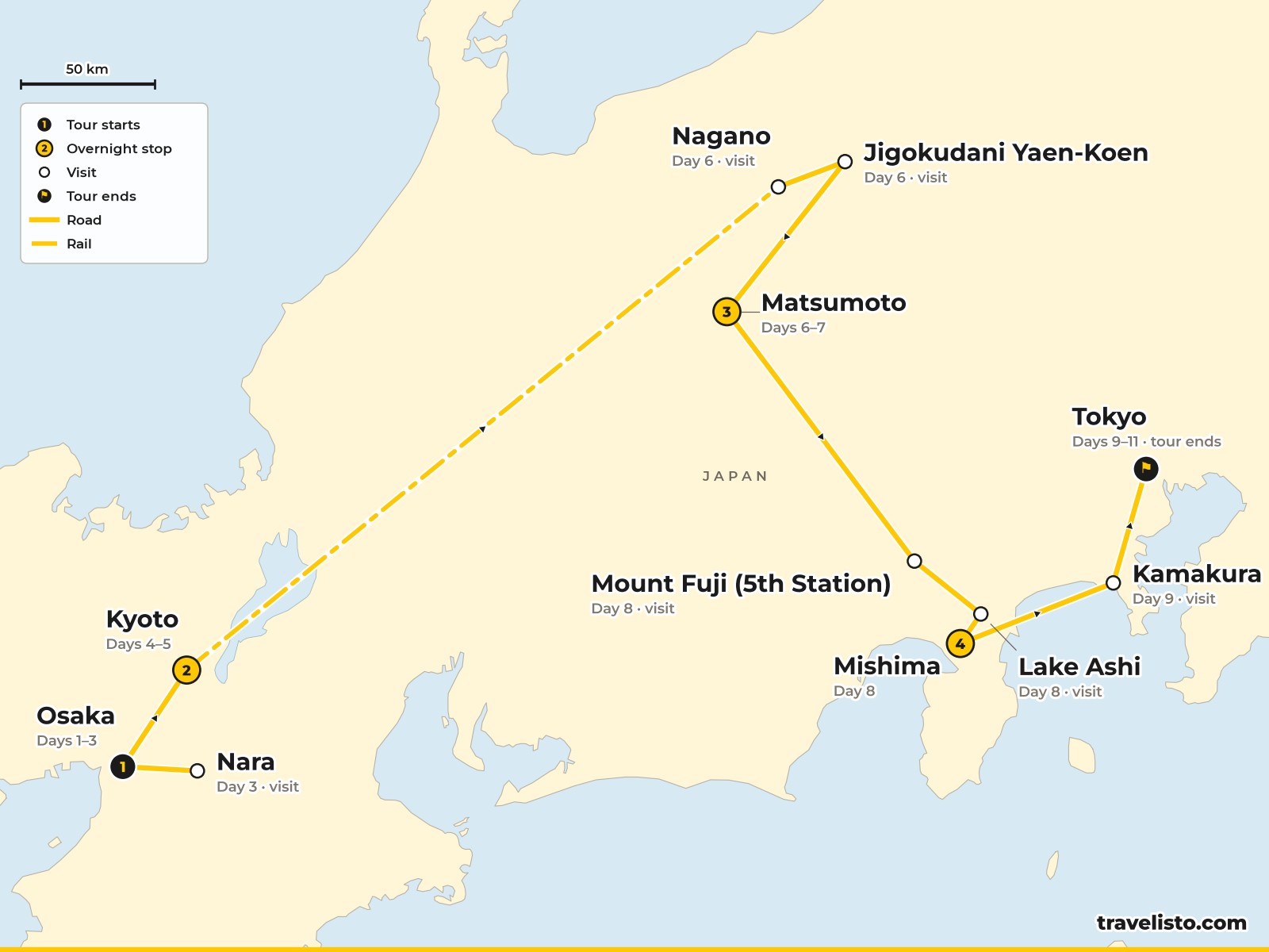 Map of the 11-day tour from Osaka to Nara, Kyoto, Yudanaka, Matsumoto, Mount Fuji, Kamakura and Tokyo