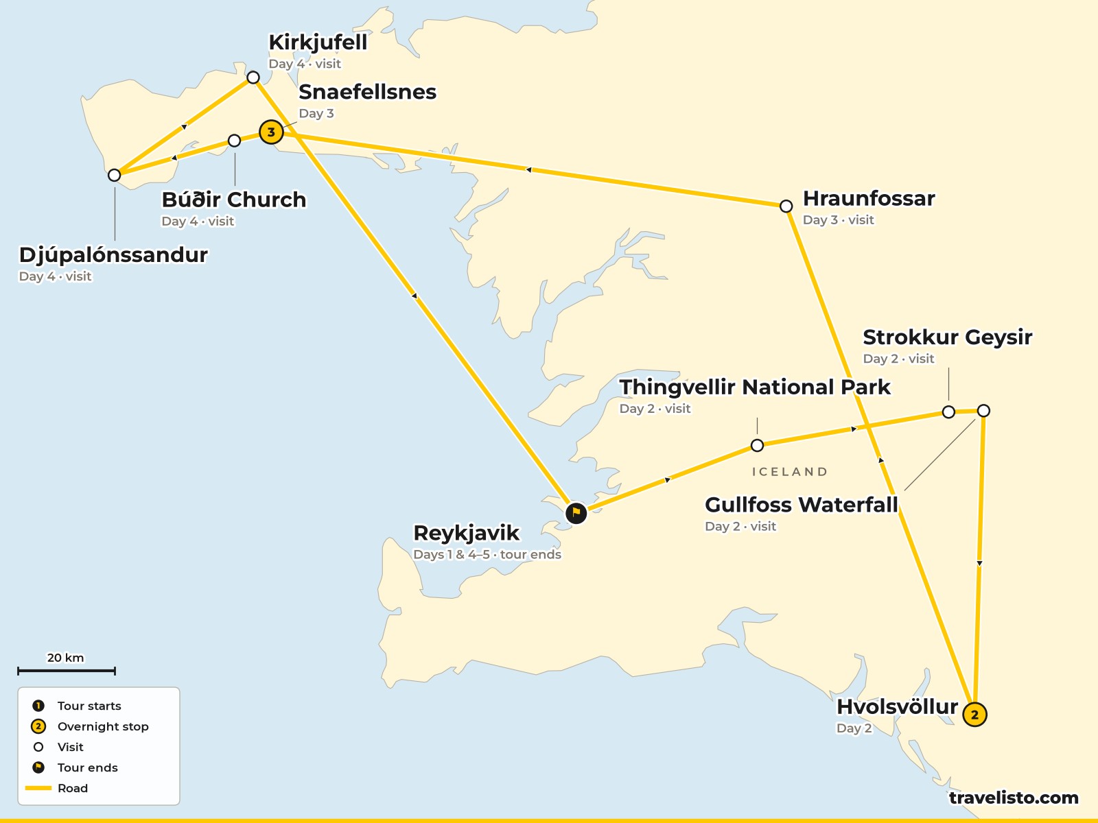 Map of the 5-day route from Reykjavik to the Golden Circle and Snæfellsnes
