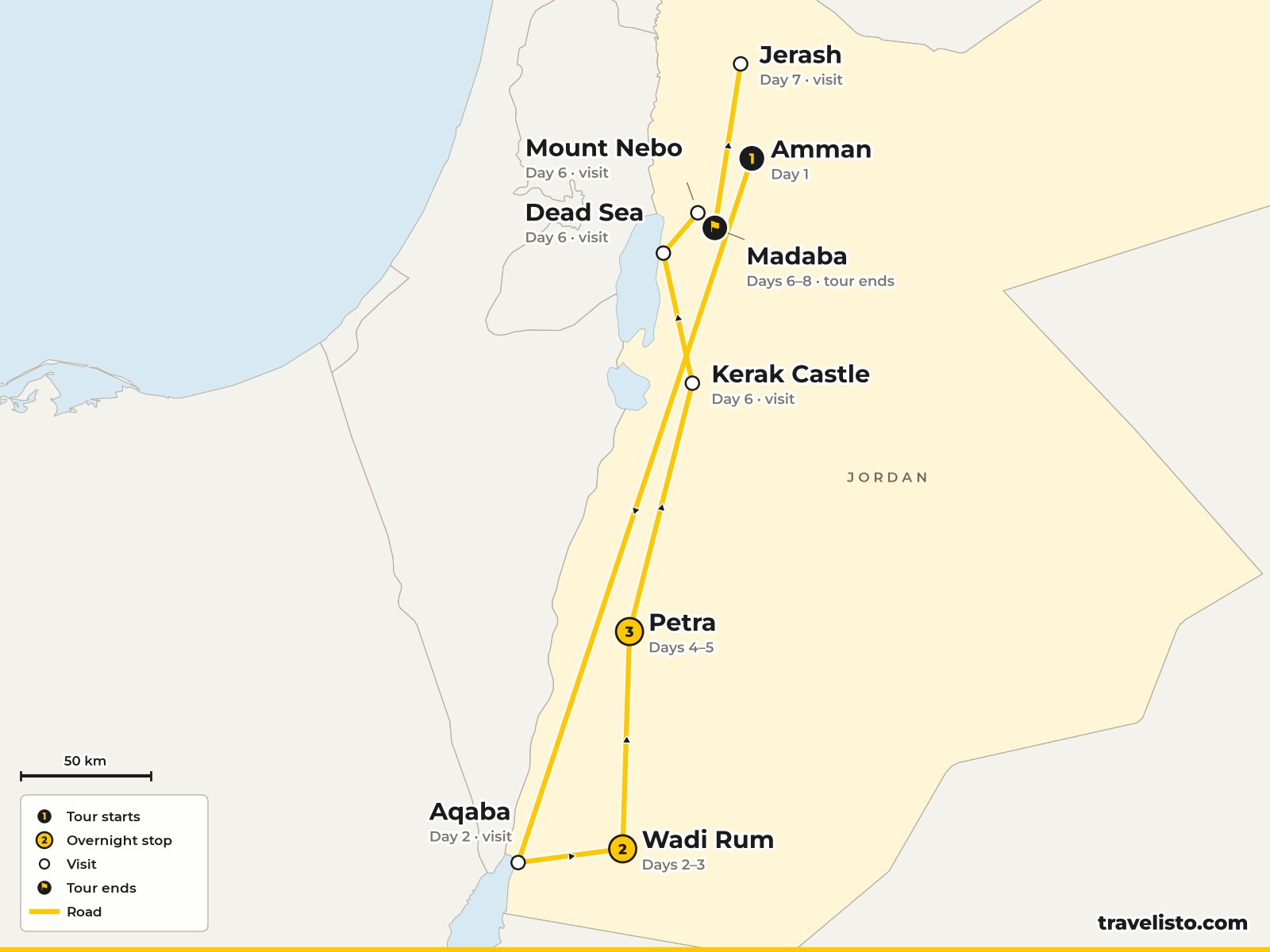 Map of the 8-day route from Amman to Wadi Rum, Petra, Madaba and Jerash