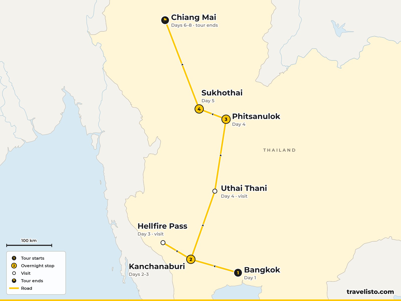 Map of the 8-day route from Bangkok to Kanchanaburi, Phitsanulok, Sukhothai and Chiang Mai