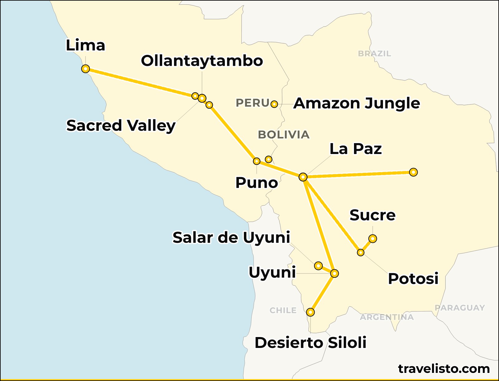 Route map of the 25-day Explore Peru & Bolivia tour, tracing the journey from Lima through the Peruvian Amazon, Cusco and Machu Picchu, Lake Titicaca, La Paz, the Uyuni salt flats and colonial Sucre.