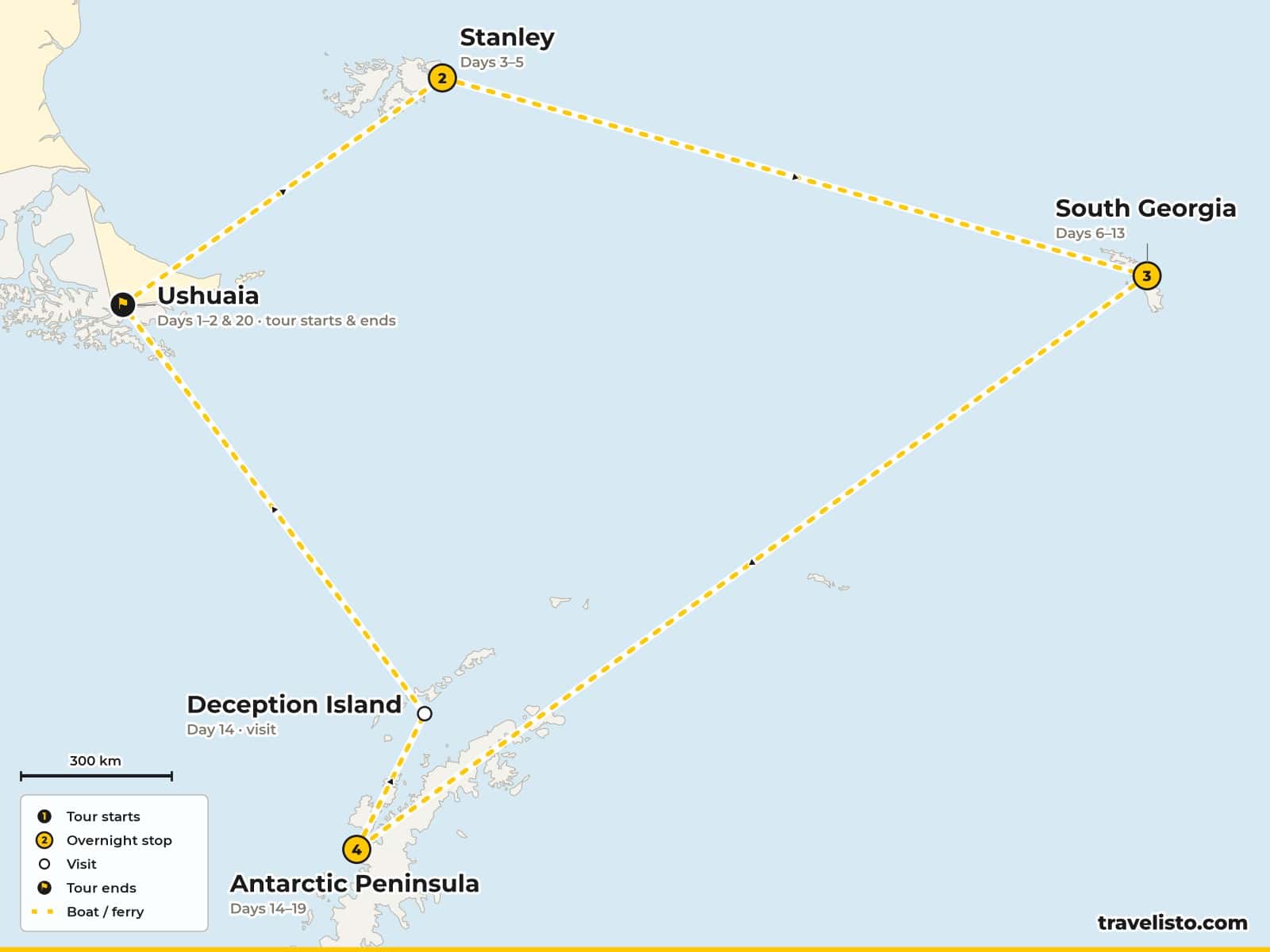 Map of the 20-day expedition cruise from Ushuaia to the Falkland Islands, South Georgia, the Antarctic Peninsula and back to Ushuaia