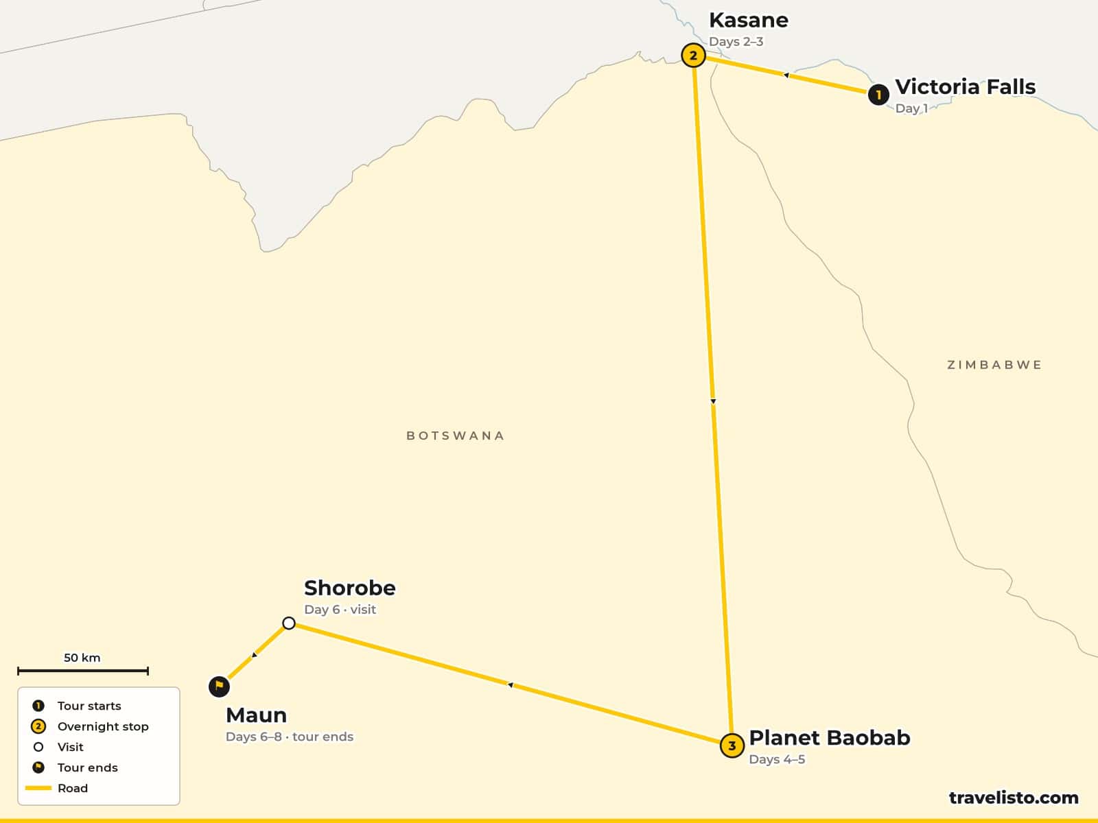 Map of the 8-day family safari from Victoria Falls to Kasane and Chobe, the Makgadikgadi Pans and Maun