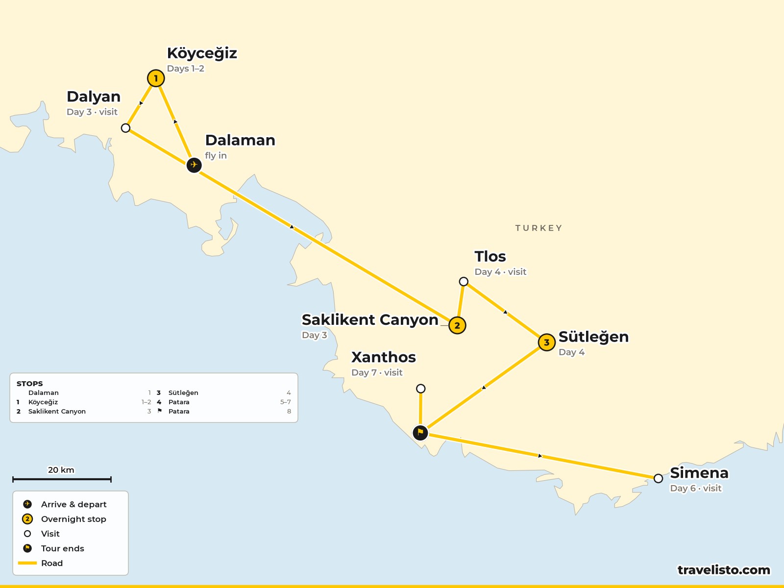 Map of the 8-day route from Koycegiz to Dalyan, Saklikent, Sutlegen and Patara