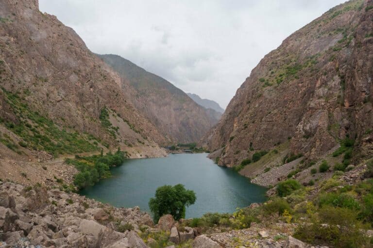 A lake among rugged peaks in the Fann Mountains, Tajikistan