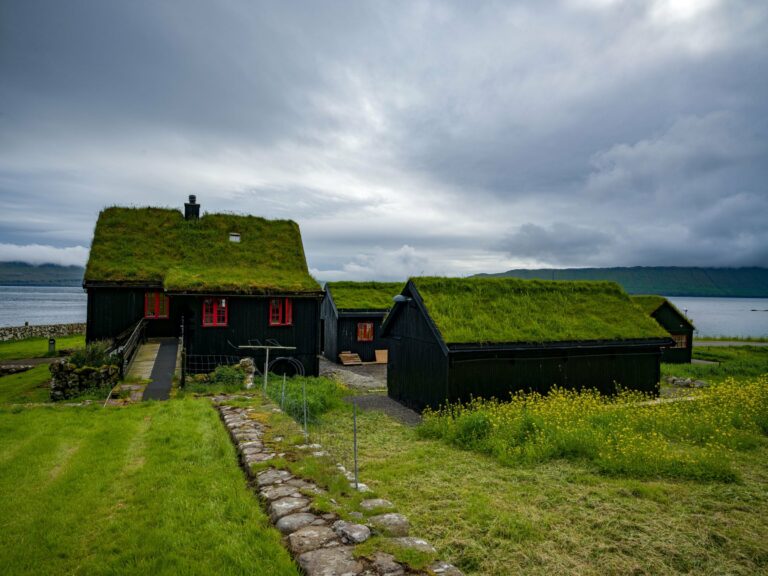 Grass-roofed houses beside a fjord in the Faroe Islands