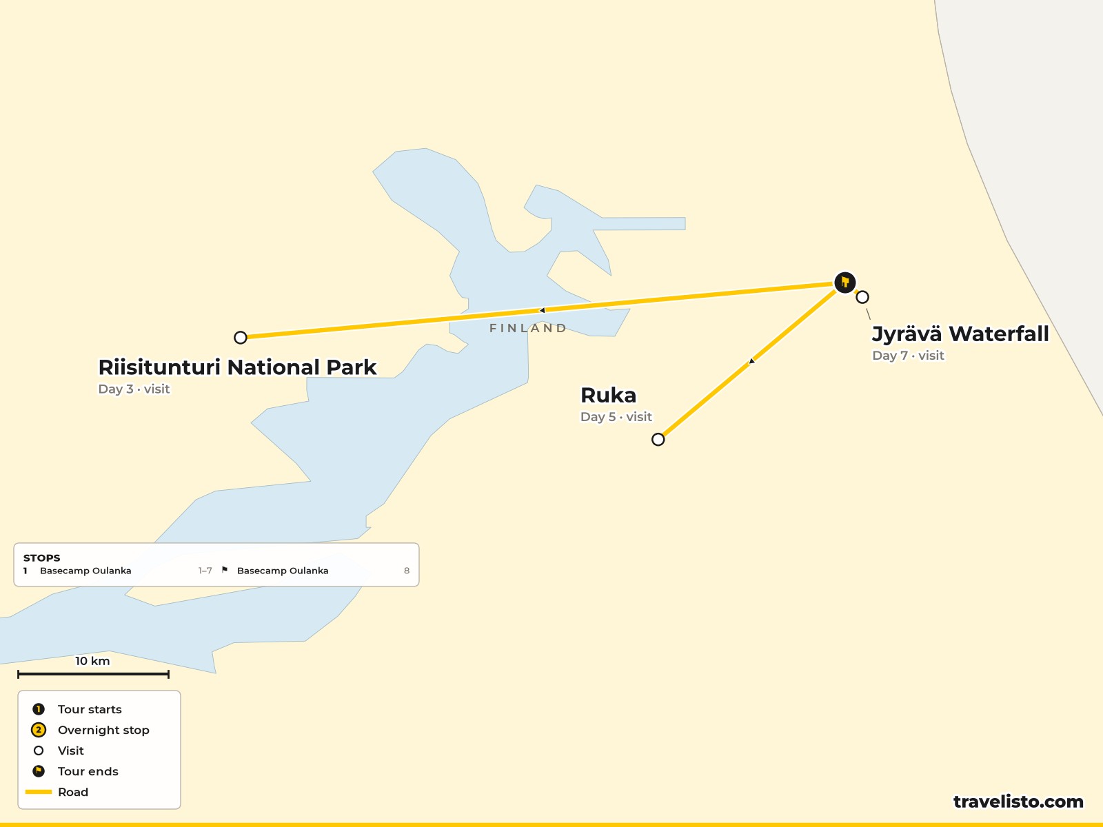 Map of the 8-day family winter holiday based at Oulanka in northern Finland