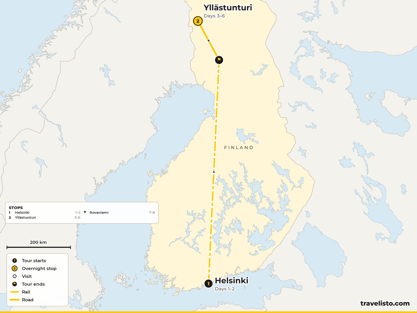 Map of the 8-day route from Helsinki by train to Rovaniemi and Ylläs