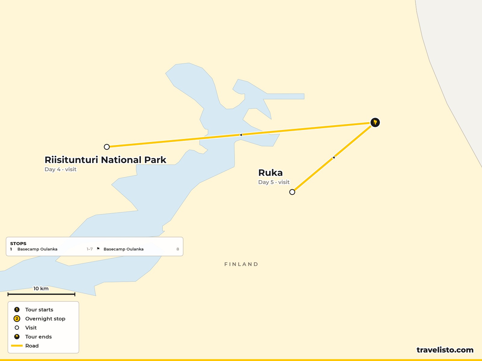 Map of the 8-day winter adventure based at Oulanka in north-east Finland