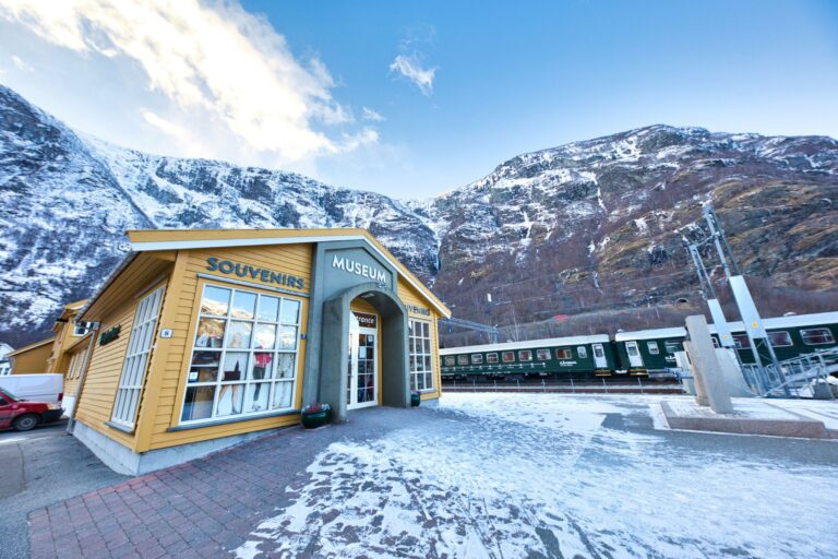 Flåm station and the mountains in winter