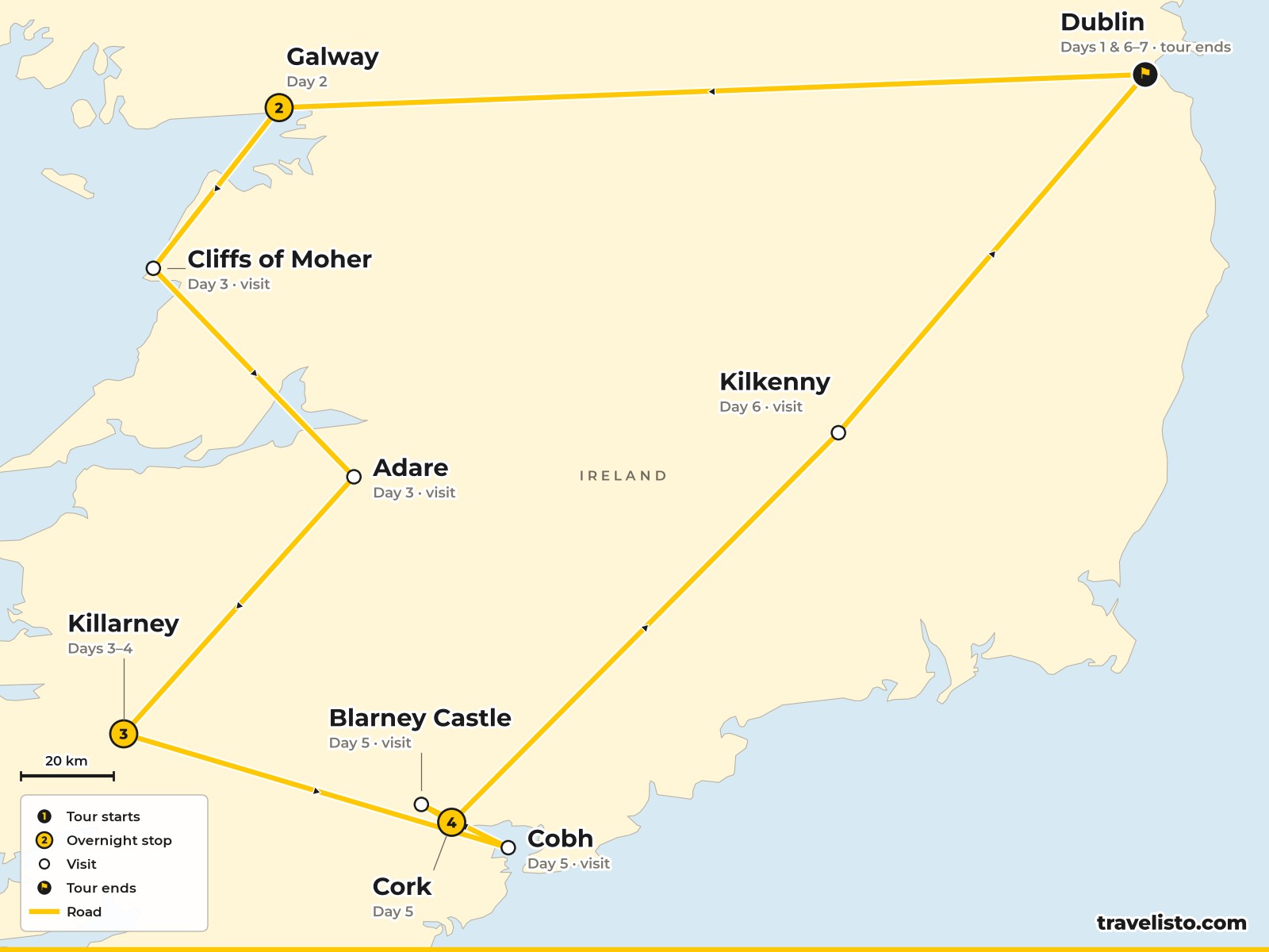 Map of the 7-day route from Dublin to Galway, Killarney, Cork and back