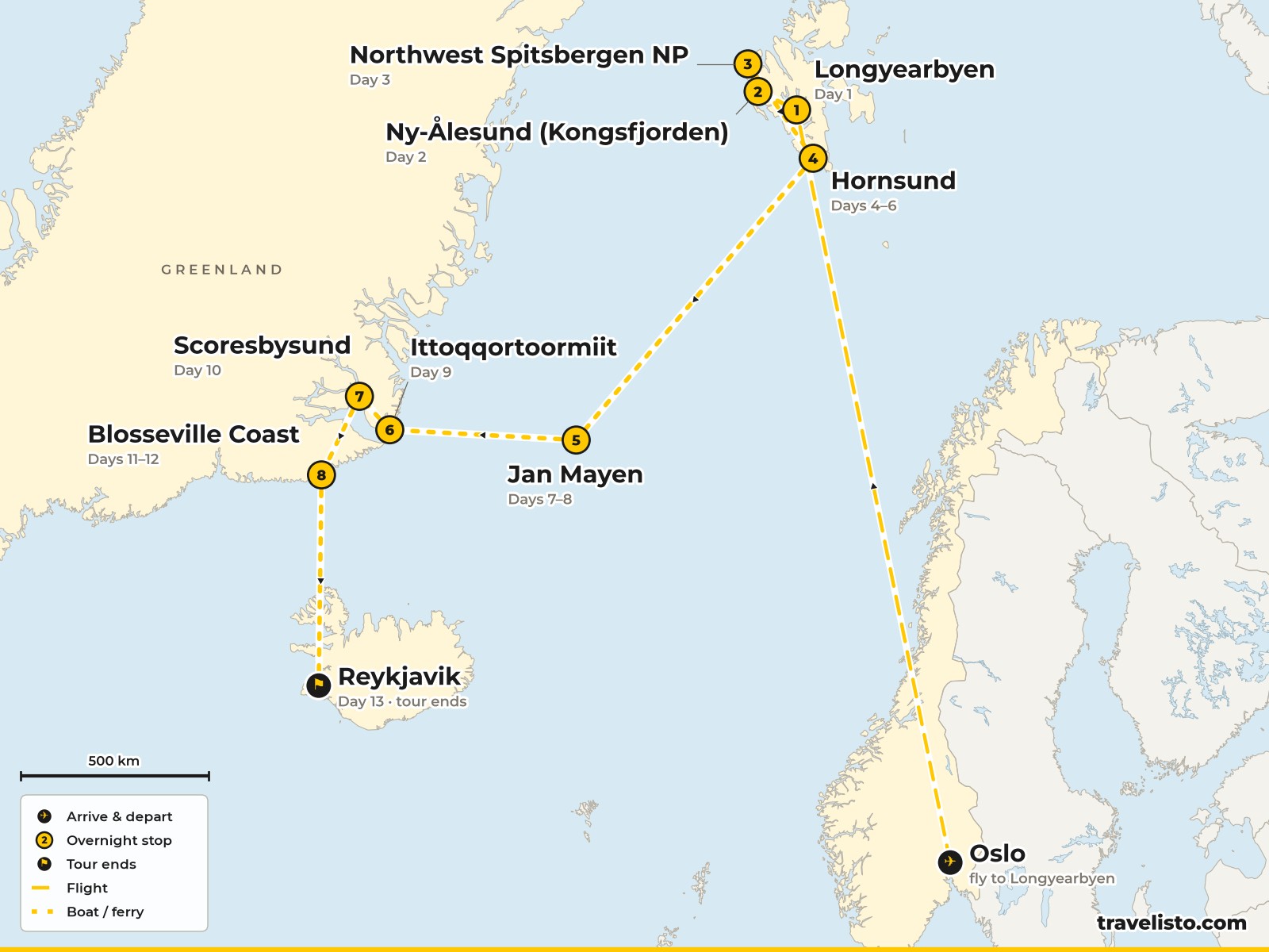 Map of the 13-day cruise from Svalbard via Jan Mayen to East Greenland and Reykjavik