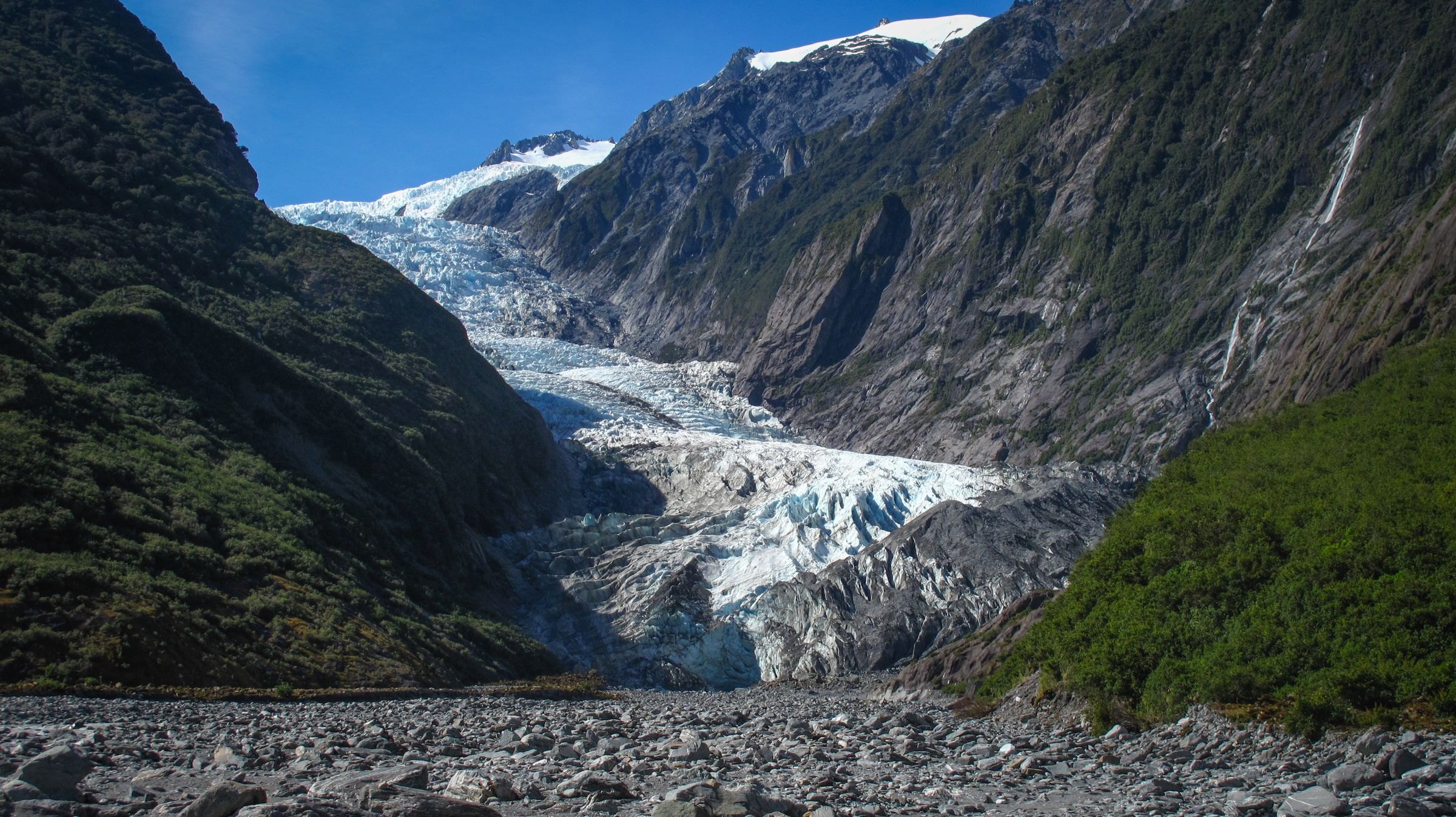 A glacier between rugged mountain valleys