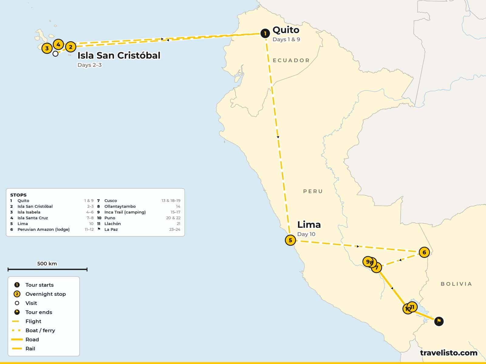 Map of the 24-day route from Quito to the Galápagos, Lima, the Amazon, Cusco, the Inca Trail, Lake Titicaca and La Paz