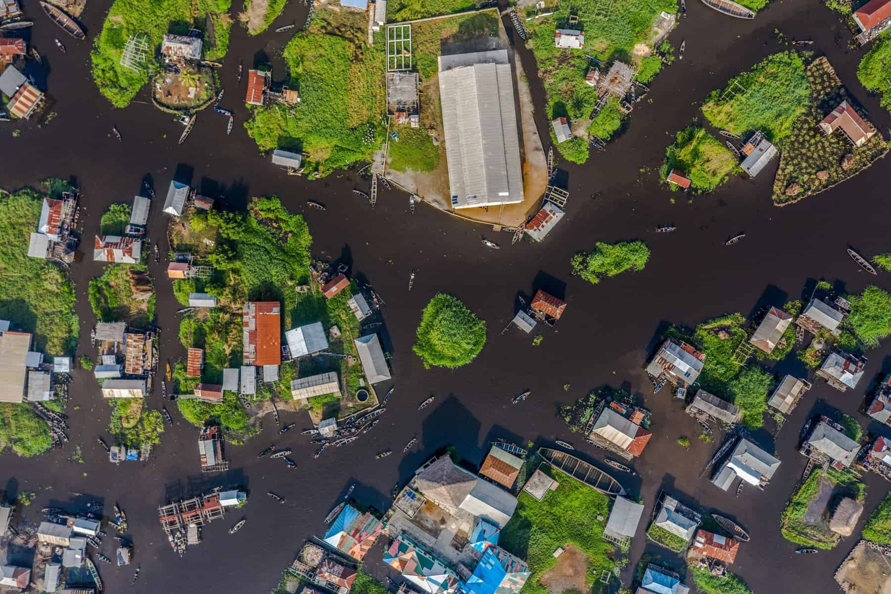 Aerial view of Ganvie, the stilt village on Lake Nokoué, Benin