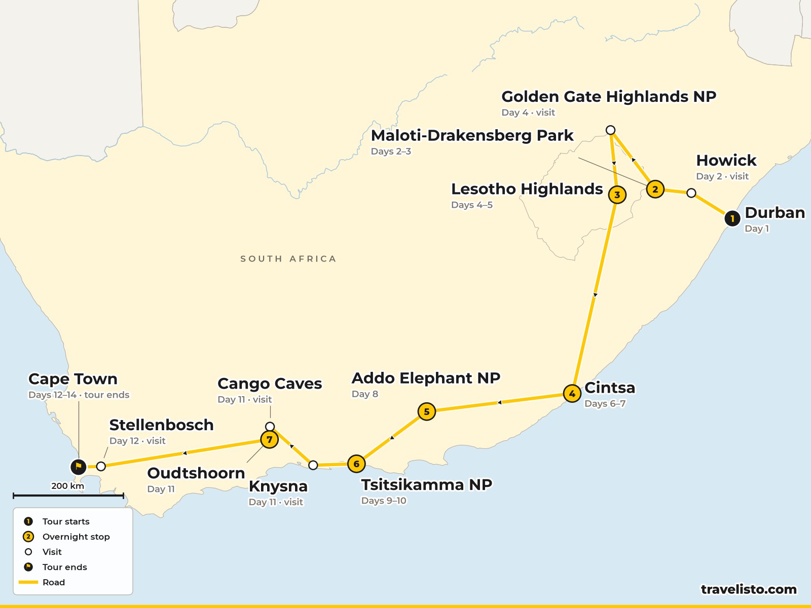 Map of the 14-day route from Durban to the Drakensberg, Lesotho, Cintsa, Addo, Tsitsikamma, Oudtshoorn and Cape Town
