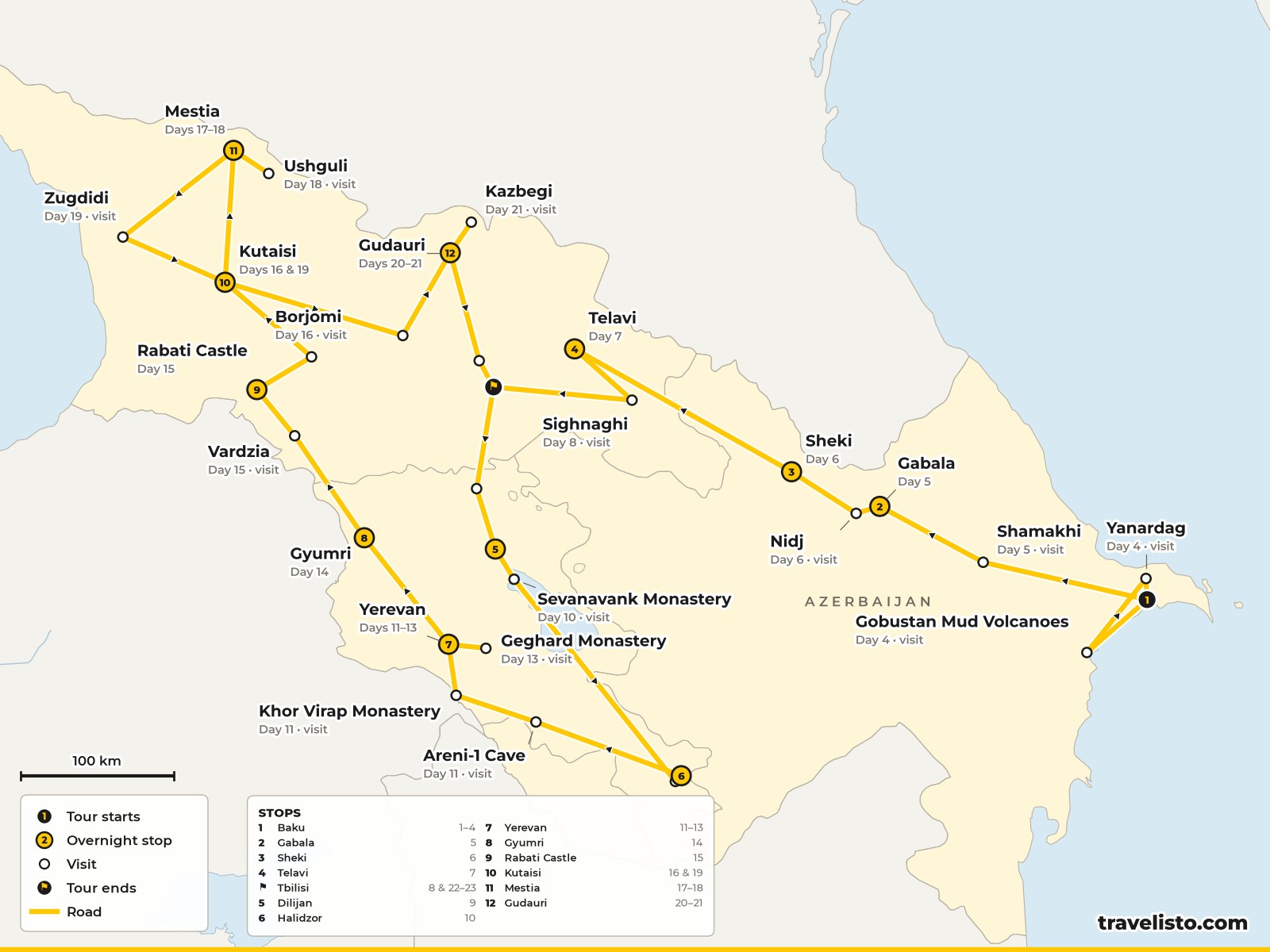 Map of the 23-day route through Azerbaijan, Georgia and Armenia