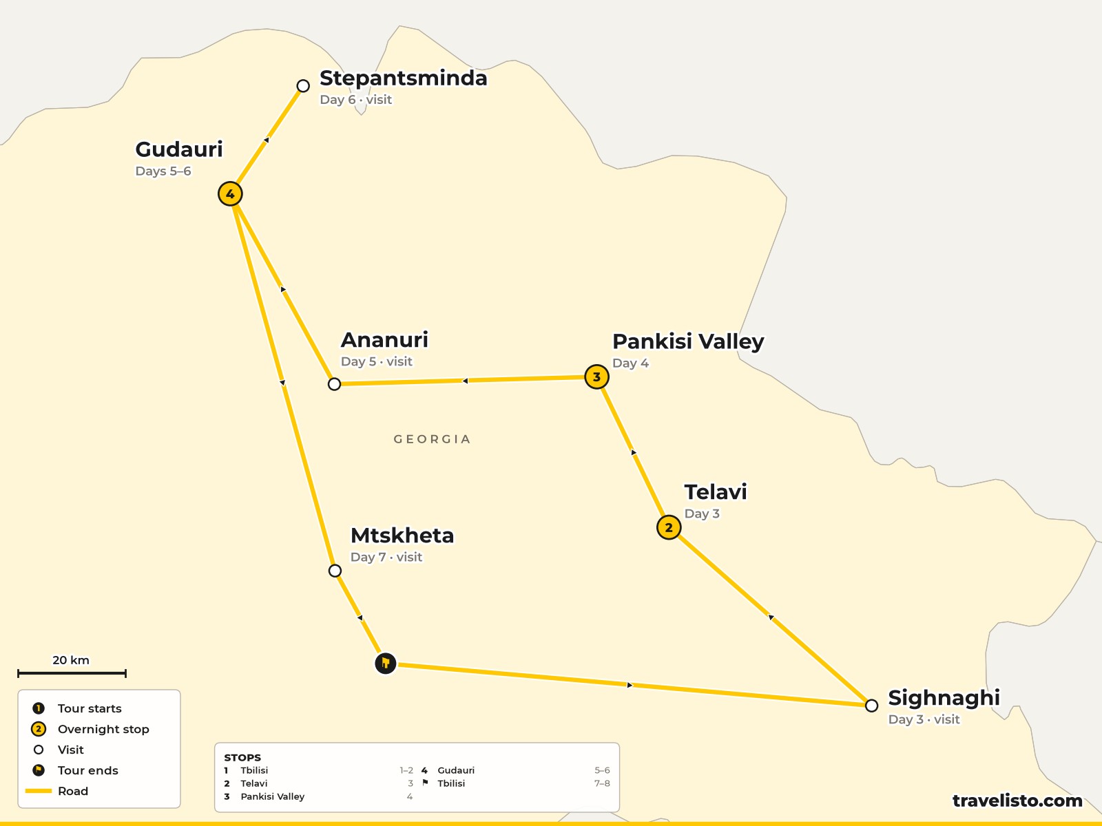 Map of the 8-day route from Tbilisi to Kakheti, the Pankisi Valley, Gudauri and back