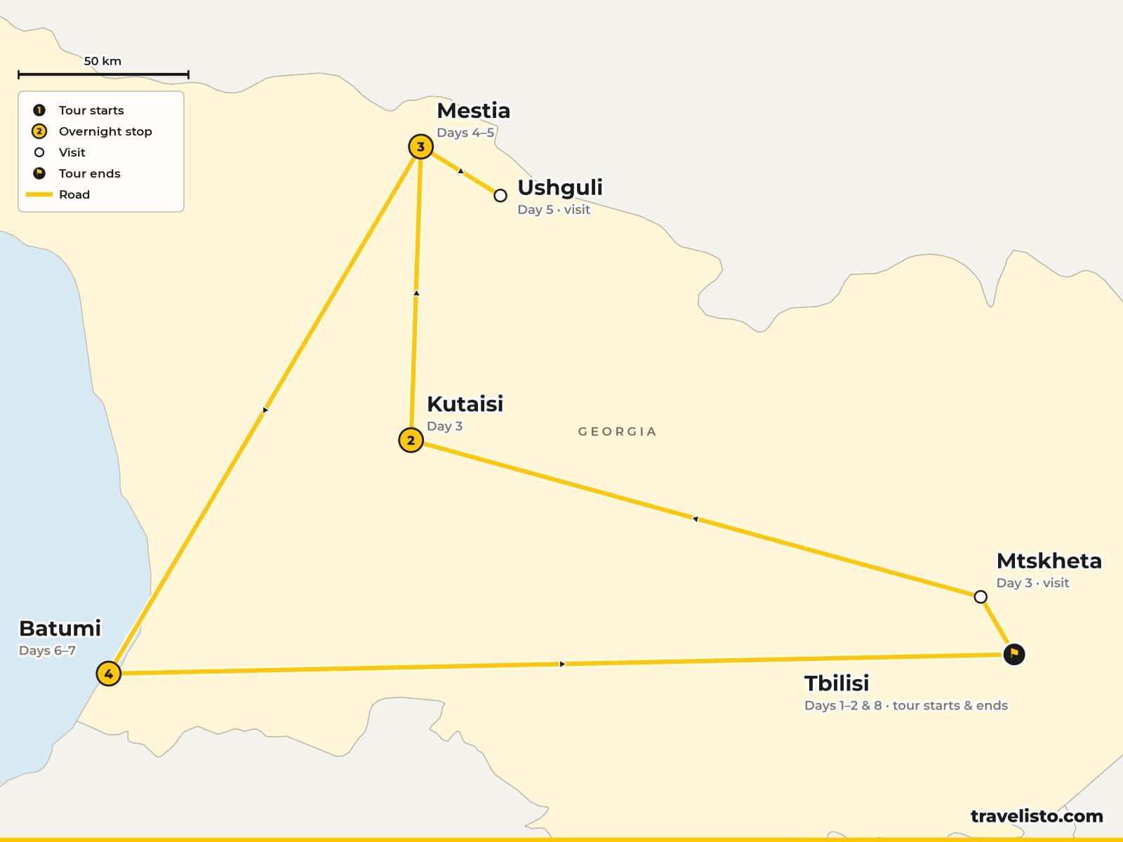 Route map of the 9-day trip from Tbilisi via Mtskheta, Kutaisi, Mestia and Ushguli to Batumi and back to Tbilisi