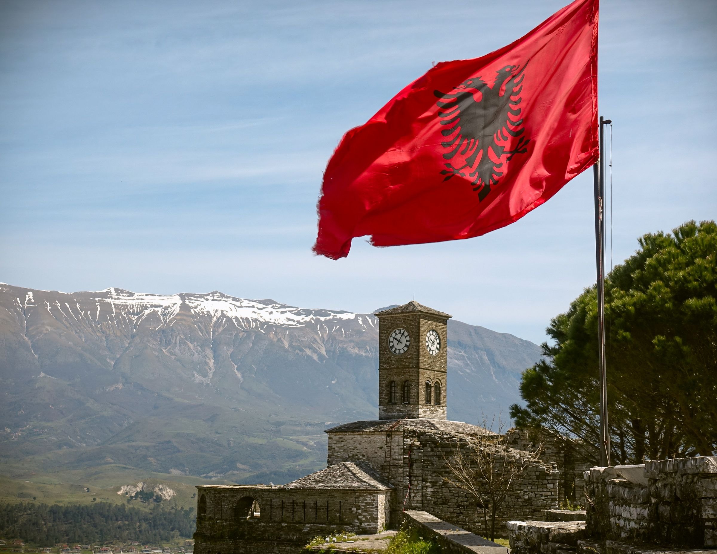 The Albanian flag above Gjirokastër Fortress