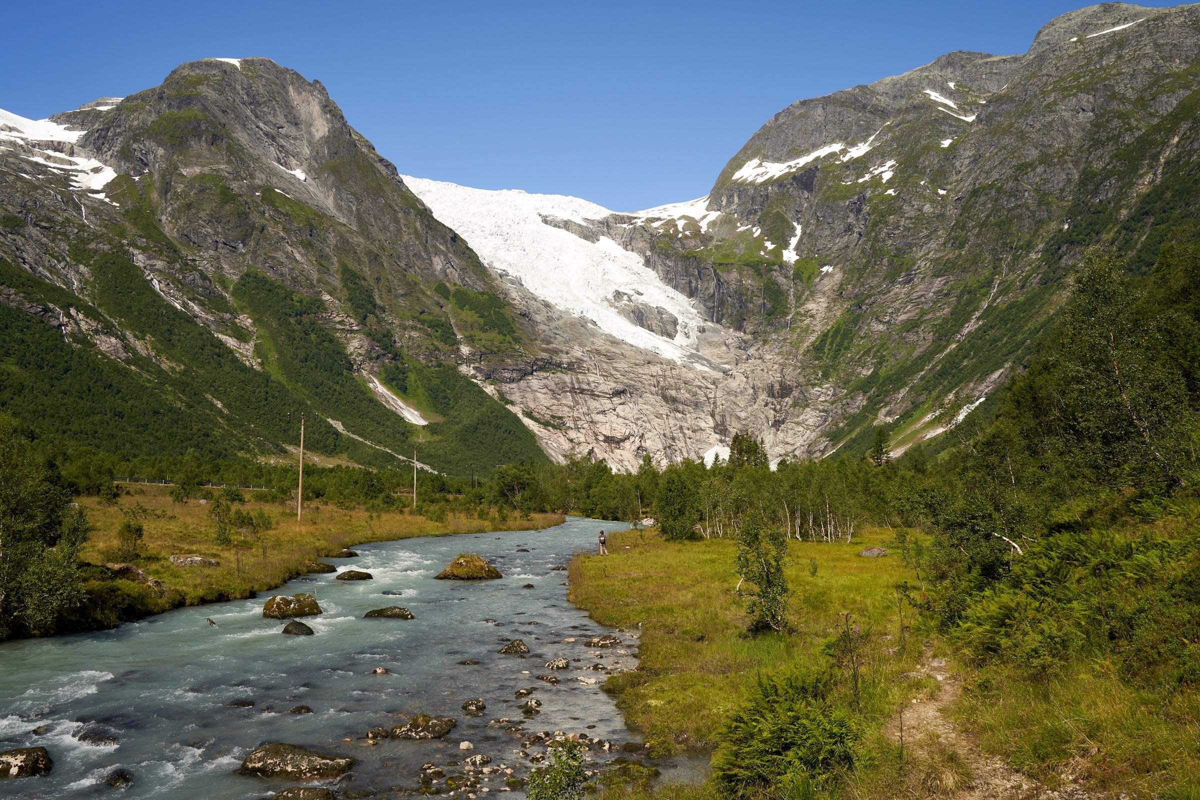 A glacier above a river valley in western Norway