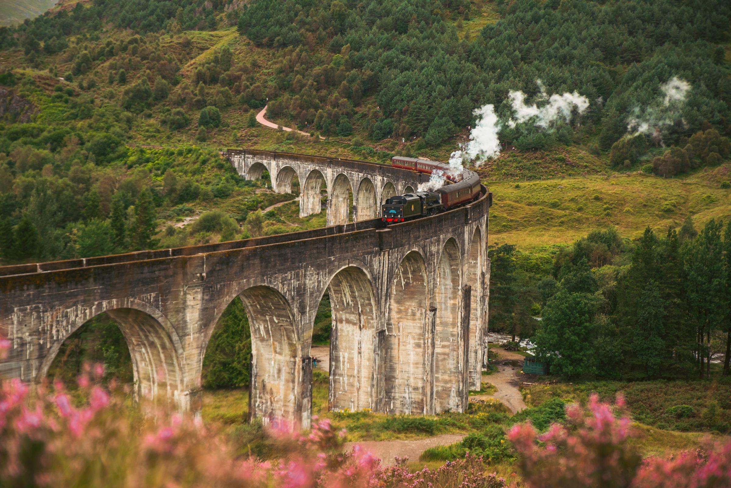 A steam train on the Glenfinnan Viaduct