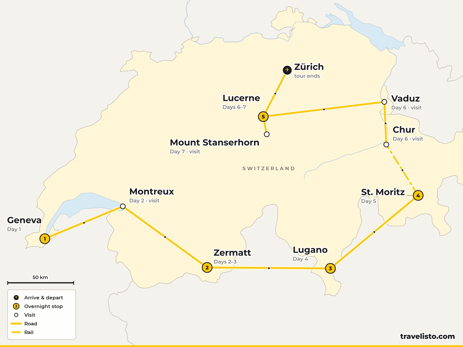 Map of the 8-day loop from Geneva to Montreux, Zermatt, Lugano, St Moritz and Lucerne, ending in Zurich