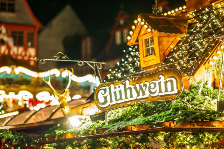 A glowing Glühwein stall at a Christmas market