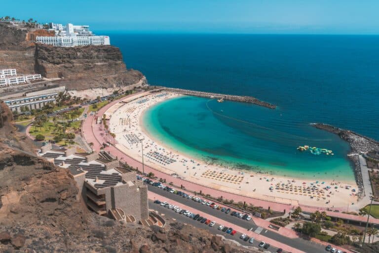 Aerial view of Amadores beach and its turquoise bay, Gran Canaria