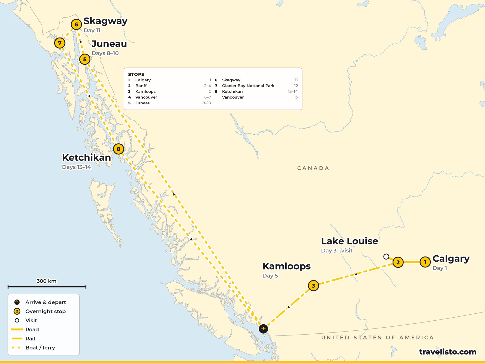 Map of the 16-day route from Calgary to Banff, Kamloops and Vancouver, then a cruise to Juneau, Skagway, Glacier Bay and Ketchikan