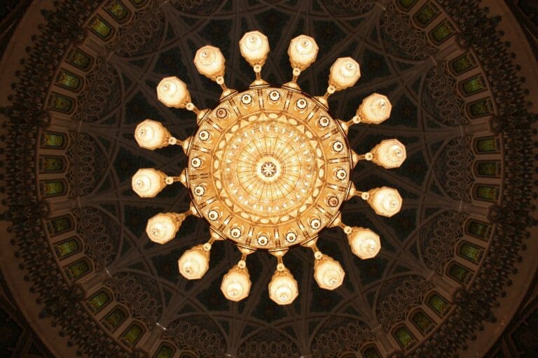 The chandelier and dome inside the Sultan Qaboos Grand Mosque
